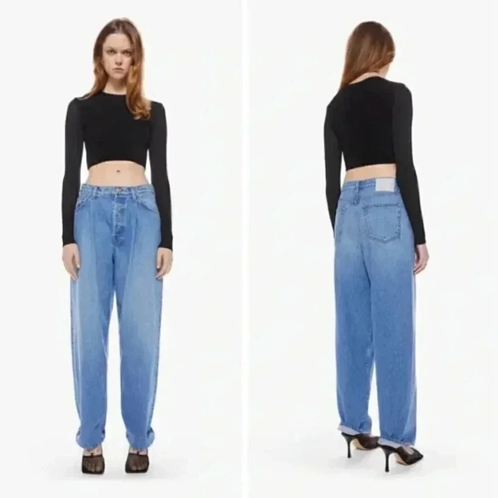 NWT MOTHER Snacks! Pleated Fun Dip Puddle Relaxed Straight Leg Jeans Size 26
